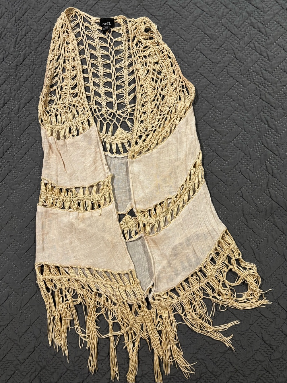 Rue21 Cream Crochet Fringe Open Vest